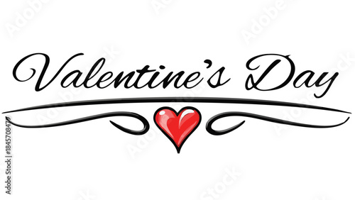 A glossy 3d red heart below flowing valentine's day text