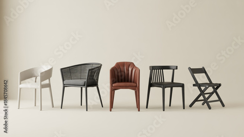 Luxury dining chairs collection in ultra-detailed 8K, elegant fabrics and metals, modern minimalist layout, high-contrast studio lighting, trending furniture visuals
