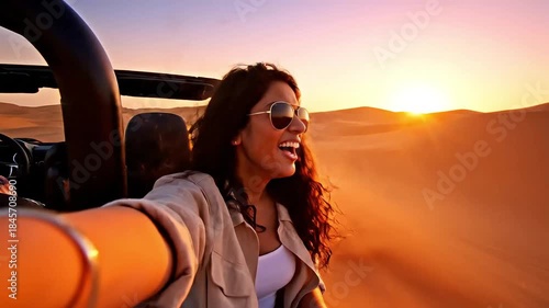 A young woman takes a selfie while traveling in a convertible car with the top down, enjoying the scenic desert landscape during a breathtaking sunset with warm, golden light.