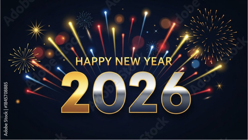 Happy New Year 2026 Celebration with Colorful Fireworks Greeting Card Illustration