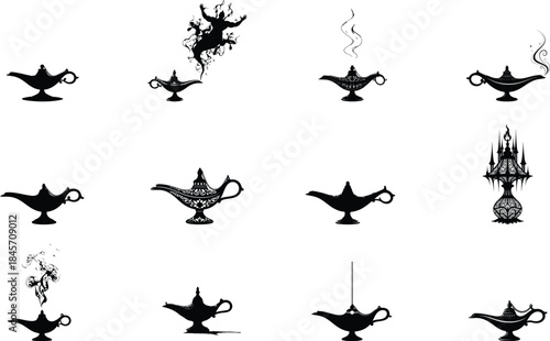 Collection of 12 blurry black and white genie lamp silhouettes with smoke