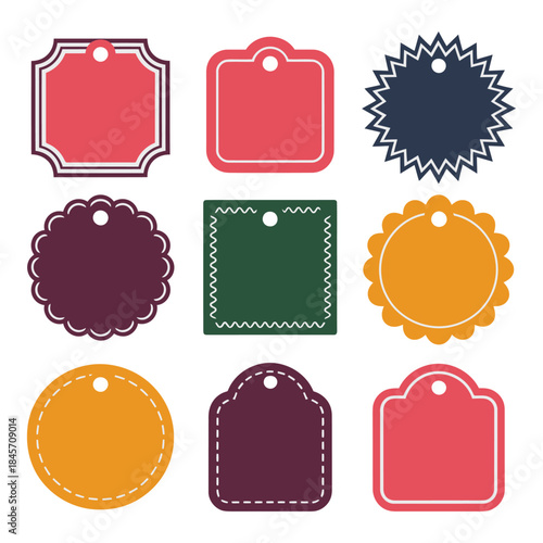 Decorative blank price tag and badge icon set with stitched borders marketing label shapes flat vector illustration collection