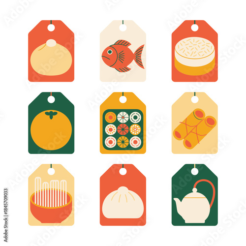 Asian cuisine food label tag icon collection with steamed bun soup sushi market sale flat vector illustration set