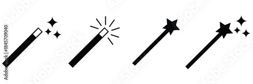 Magic Wand Icon Set – Sparkling Stars Wizard Tool in Editable Outline, Doodle and Flat Vector Style