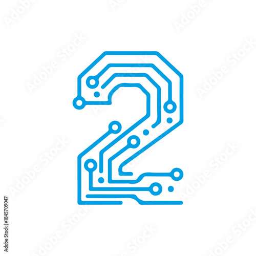 A vector icon of the number '2' designed with blue electronic circuit board lines, symbolizing digital data, technology's second step, and computing concepts. PNG, JPG, and editable EPS formats 