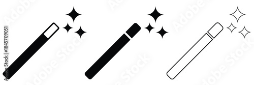 Magic Wand Icon Set – Sparkling Stars Wizard Tool in Editable Outline, Doodle and Flat Vector Style