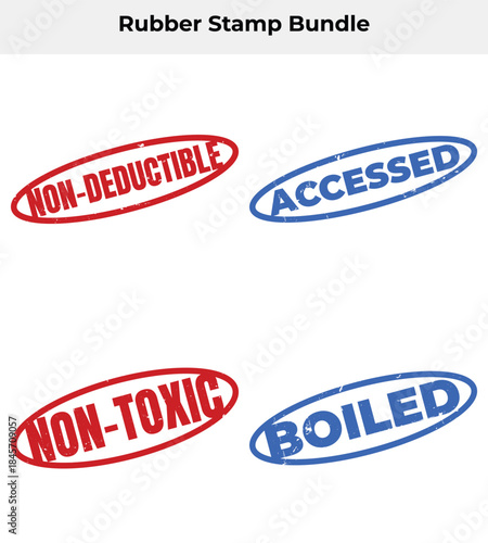 Rubber Stamp Set in Red and Blue Featuring NonDeductible, Accessed, Boiled, NonToxic