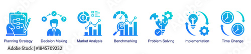 Strategy and decision-making web banner icon vector illustration for business management with planning strategy, benchmarking, problem solving, implementation, and decision-making icons.
