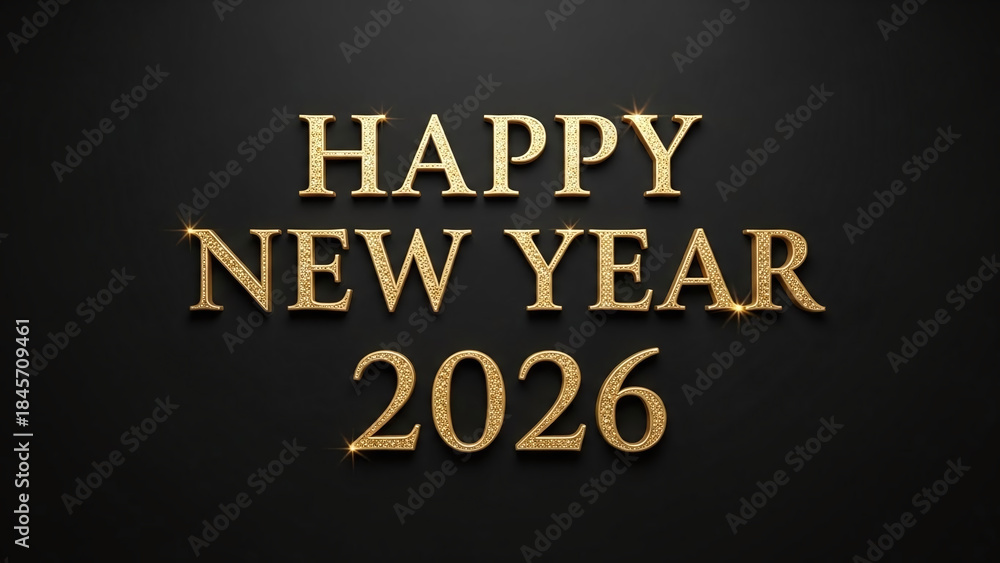 Obraz premium Opulent gold glitter 'Happy New Year 2026' text with a sparkling effect on a dark, textured background.