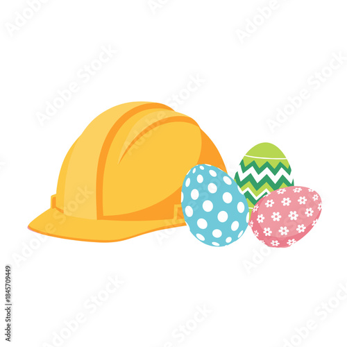 Yellow hard hat next to colorful Easter eggs on white background  