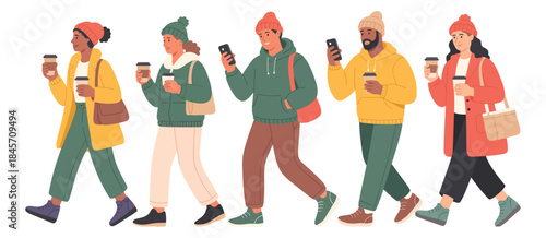 People walking in winter clothes vector illustration depicting a diverse group of five adults enjoying winter outdoors while using smartphones and holding coffee, flat vector style