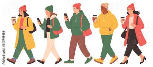 People walking in winter clothes vector illustration depicting a diverse group of five adults enjoying winter outdoors while using smartphones and holding coffee, flat vector style