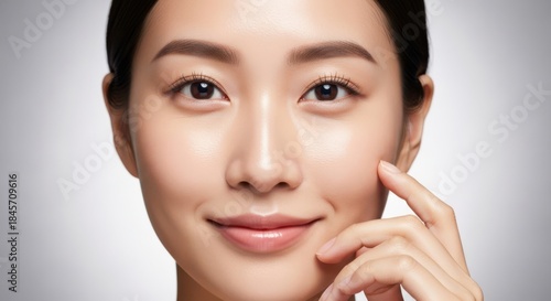 Close up portrait of a young asian woman with clear radiant skin touching her cheek