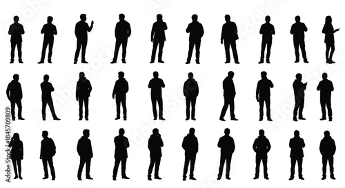 Set of People Silhouettes Vector, Diverse Standing Men and Women Black Figure Collection, Casual Poses for Architectural Design