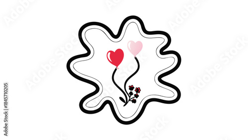 Simple abstract pink blob shape with one red heart and one pink heart