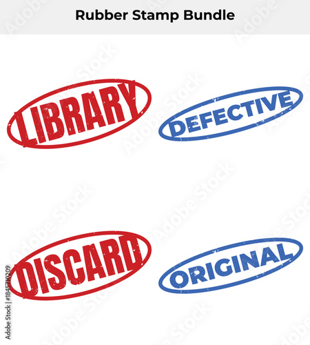 Rubber Stamp Set with Library Discard Defective Original Text on White Background