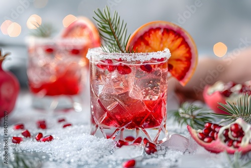 Cocktails are placed on a table covered with ice and pomegranate seeds. Blood orange slices and pine sprigs add decoration. The setting suggests a festive winter gathering