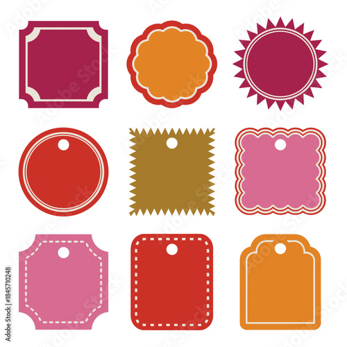Decorative vintage label badge icon set with round square stitched shapes product pricing flat vector illustration collection