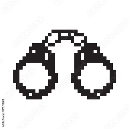 Pixel art illustration of a pair of black metal handcuffs on white background