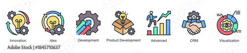 Innovation and development web banner icon vector illustration for creative growth with innovation, ideas, visualization, advanced tools, CRM, and product development icons.
