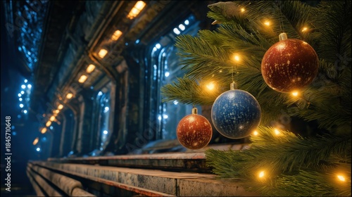 Fototapeta Naklejka Na Ścianę i Meble -  Christmas celebration inside a long-abandoned space station
