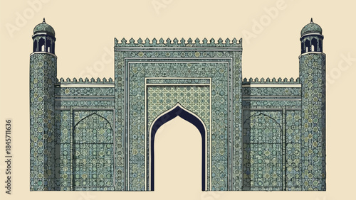 Illustration of a green and blue mosque entrance with towers on a beige background, featuring intricate tilework and an arched doorway.