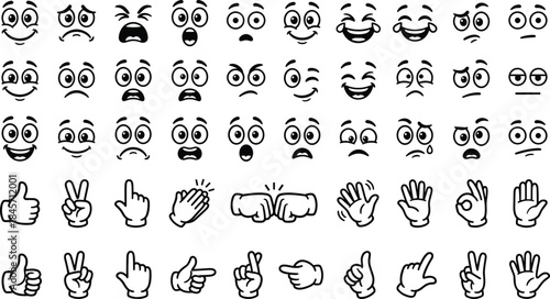 Cartoon facial expressions and hand gestures, emotion and pose icons, black and white, flat vector illustration, communication, design