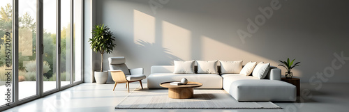 sleek living room minimalist decor soft morning light streaming windows subtle gradient gray
