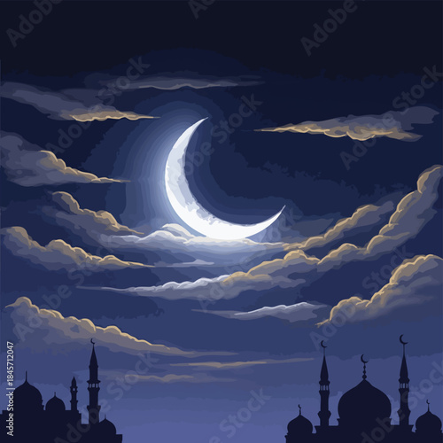 Nighttime scene of a crescent moon shining through clouds above a silhouette of a city skyline with mosques, conveying a serene and peaceful atmosphere.
