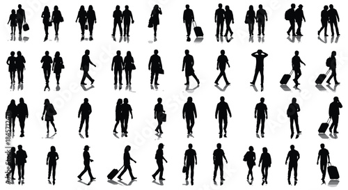 Set of Walking People Silhouettes Vector, Adults Travelers with Suitcases Shopping Bags, Urban Crowd Architectural Figures Collection