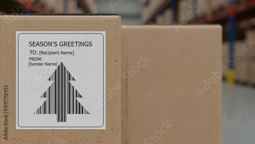 Package with Season's Greetings label in a logistics warehouse for holidays  