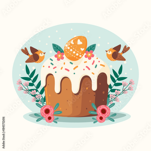 Easter cake with icing and sprinkles, surrounded by birds and leaves. Traditional Easter cake. Vector illustration.