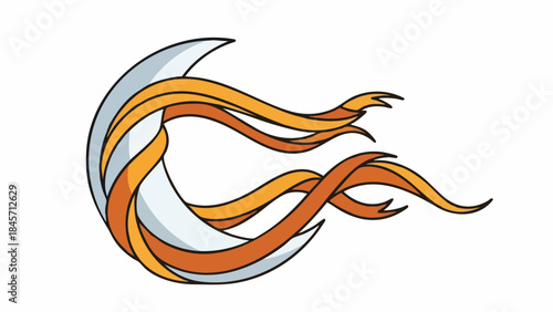 Illustration of swirling orange and silver flames on a white background.