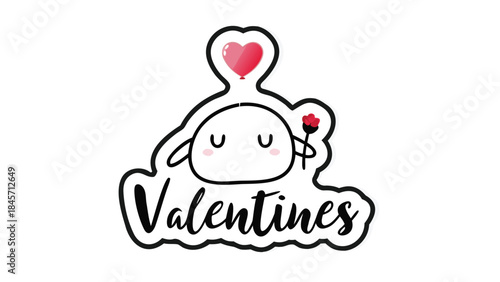 A cute white bunny holding a red rose with a pink heart shaped balloon on valentine's day