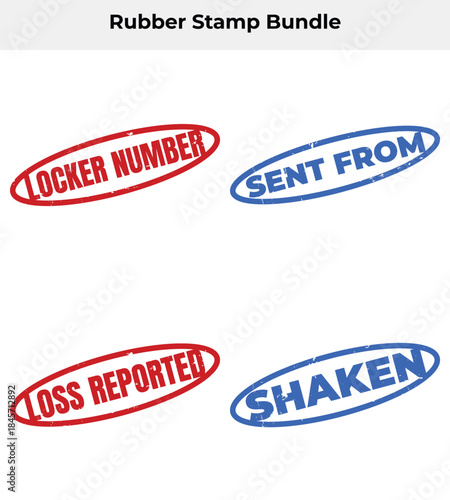 Set of Four Oval Stamps in Blue and Red Colors with Various Wordings on White