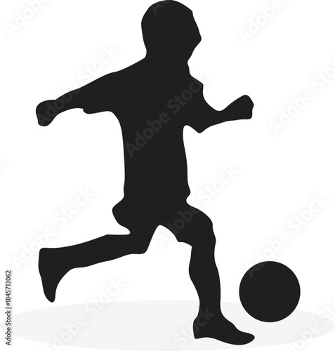Silhouette of a child kicking a soccer ball on white background