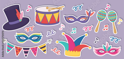 Set of stickers with carnival and masquerade elements. Masks, hats, drum, garland, maracas and serpantine.