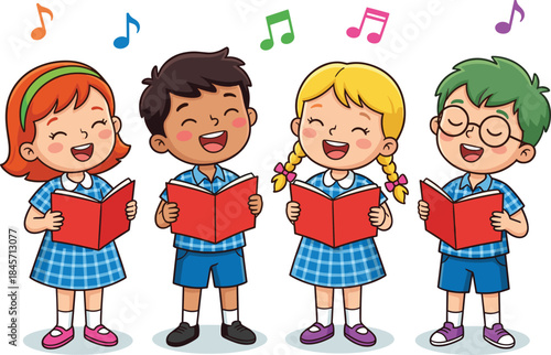 Children singing with songbooks, school choir, musical notes, joyful performance, cartoon style, flat vector illustration, education, music