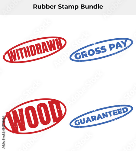 Set of Grunge Rubber Stamps Withdrawn, Gross Pay, Wood, Guaranteed on White