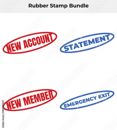 Set of Oval Rubber Stamps New Account, Statement, Member, Emergency Exit on White