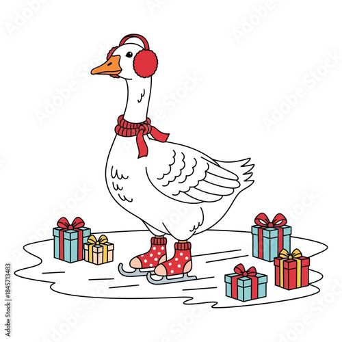 White farmyard goose enjoying ice skating wearing warm winter clothing surrounded by wrapped gifts