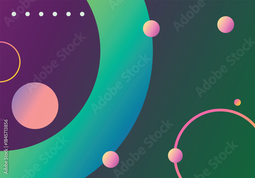 Vibrant abstract orbs and neon circles on gradient green background artwork