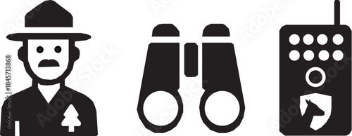 Wildlife conservation solid icon set. Glyph icons of forest ranger, park guard, binoculars, and wildlife camera trap for nature.