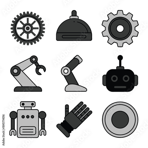 Industrial robotics and mechanical automation illustration set with robotic hands arms gears sensors flat vector design collection