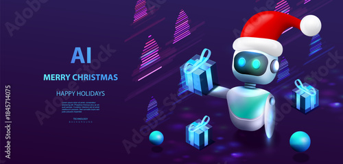 Christmas card with Santa Claus robot giving a gift Technology ai xmas design with intelligence android in santa red hat. Vector isometric illustration, holiday design.