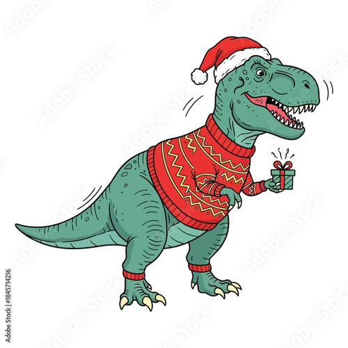 Humorous t rex dinosaur character wearing a seasonal sweater and red winter hat holding a small present