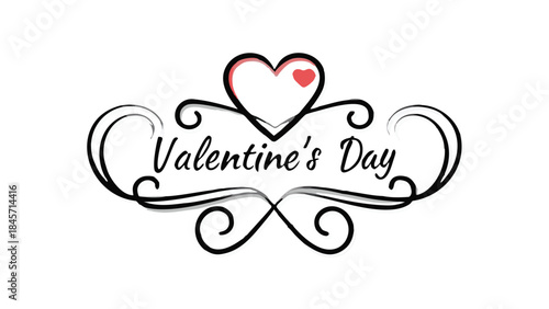 A single 3d glossy heart floats above refined calligraphy text on valentine's day, celebrating love and romance with elegant swirling lines