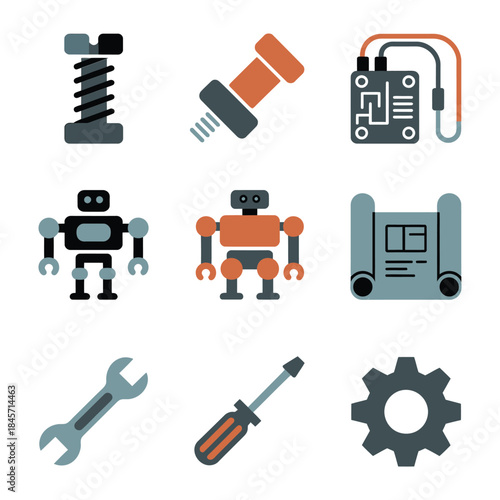 Robotics engineering tool and component icon set with robot arm circuit wrench gear flat vector illustration collection