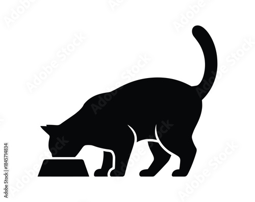 Cat Eating from Bowl Silhouette Icon – Pet Feeding and Animal Care Symbol