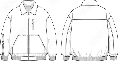 Minimalist cad bomber jacket fashion flat vector front and back view technical drawing apparel design isolated on transparent background